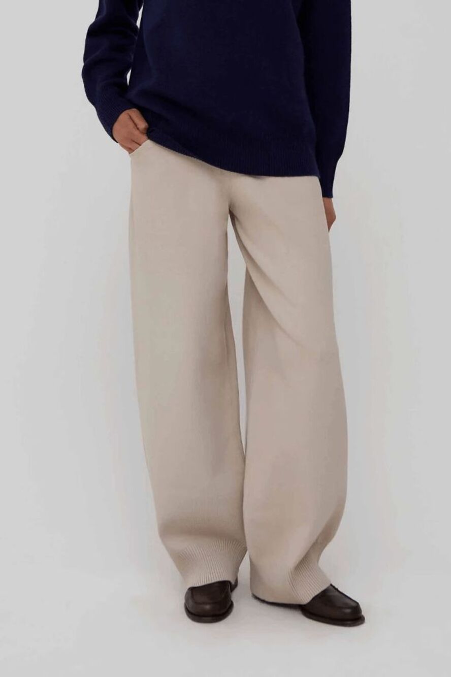 Amiya Beige Knit Wide-Leg Jogger Draped Trousers Women's Size Small NWT